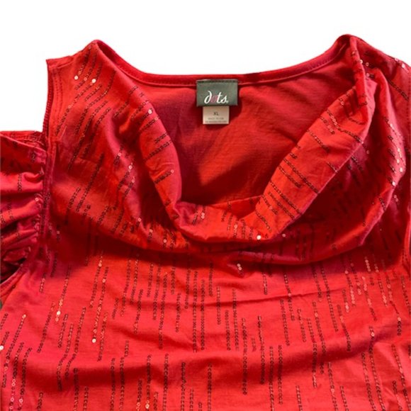 Dots Cold Shoulder Red Blouse Cowl Neck Sequined XL - Picture 2 of 4